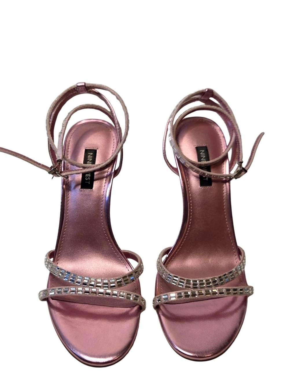 Nine West Size 8 Pink Metallic Ankle-Strap Heels with Rhinestone Straps